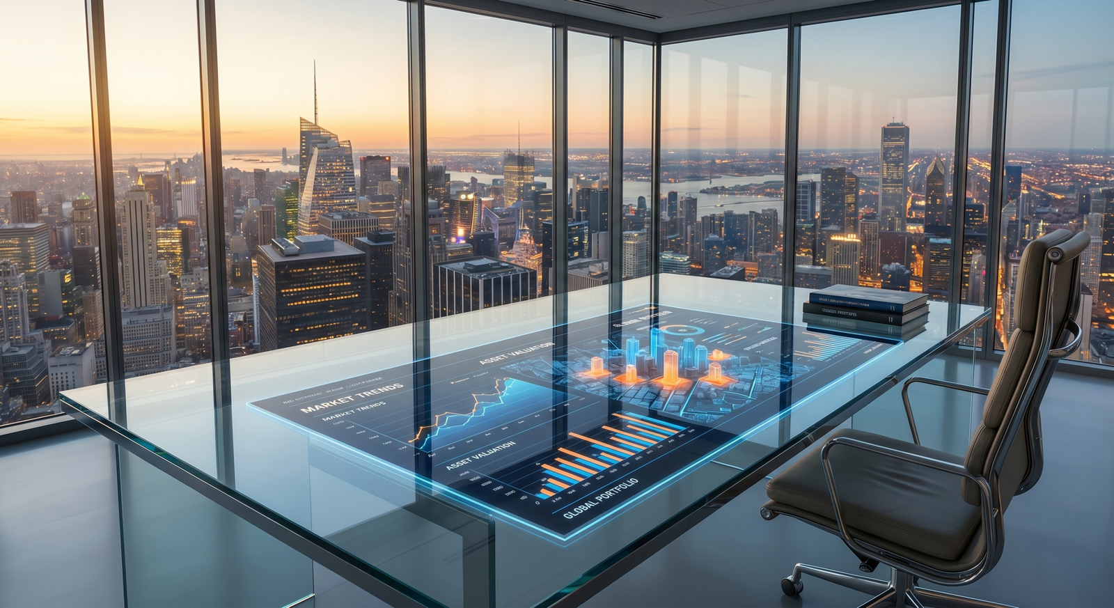 A modern high-rise office desk featuring a glowing digital dashboard displaying real estate market data, 3D city maps, and investment graphs. Just drop that into the Alt text box when you upload the image to your builder!